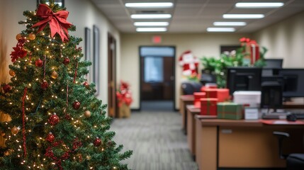 A festive office setup with a decorated Christmas tree glowing brightly, surrounded by cheerful holiday gifts.