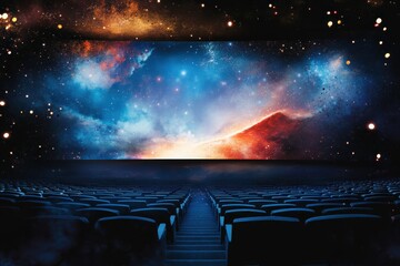 Immersive space-themed cinema experience with vibrant cosmic visuals and empty seating