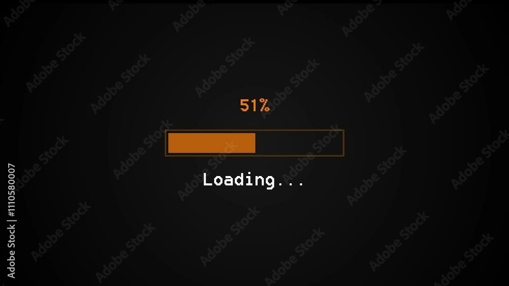 Poster 8-bit pixel vintage orange loading bar. loading bar 0 to 100. status bar showing loading process on 