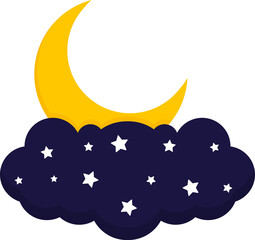 Yellow crescent moon partially obscured by a dark blue cloud with several white stars of varying sizes scattered across it.

