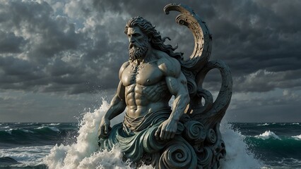 Fototapeta premium Minas, the Water God statue, with a beard flowing like waves, with a body that flows like water, surrounded by intense waves and whirlpools, with ocean and storm symbols carved on the base.