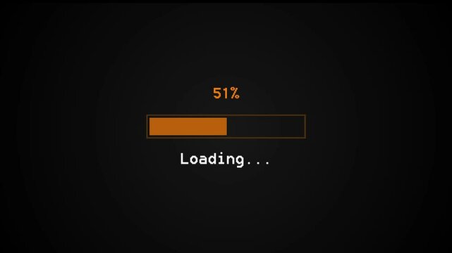 8-bit pixel vintage orange loading bar. Loading bar 0 to 100. Status bar showing loading process on black background.