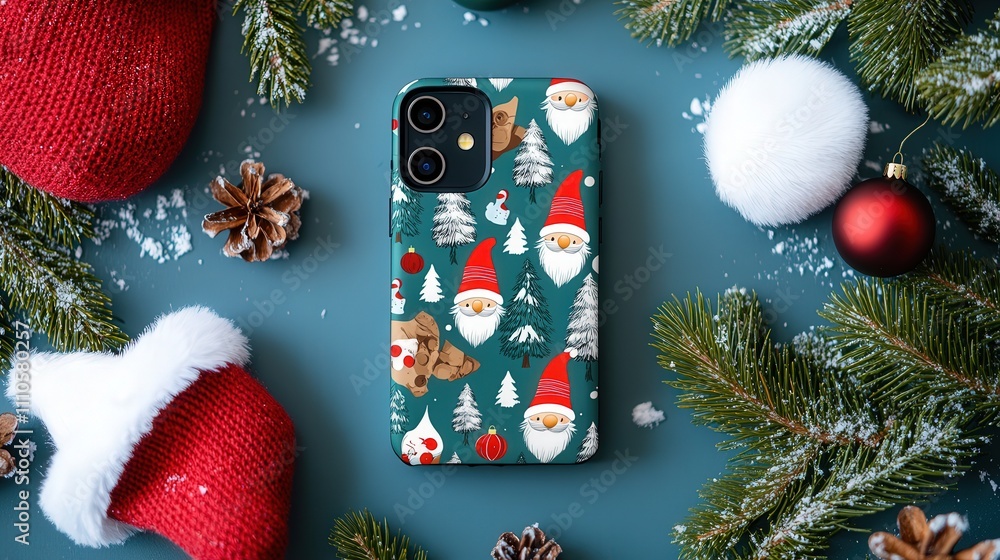 Wall mural A festive phone case with a Christmas pattern of cheerful gnomes, red hats, and snow-covered fir trees.