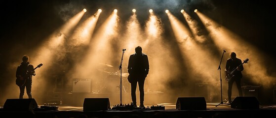 Dramatic silhouetted performance of a band or musicians on a shadowy moody concert stage with beams...