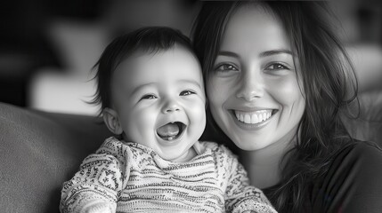 Joyful Mother and Baby Moment Captured in Black and White with Genuine Smiles, Celebrating Love and Connection in Everyday Life
