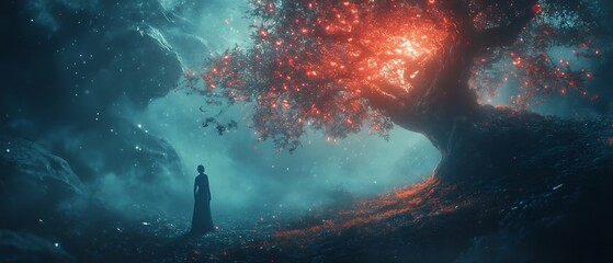 Captivating digital depicting a silhouetted human figure standing amidst a fantastical glowing forest landscape with fiery sparking effects and a dramatic atmospheric night sky backdrop