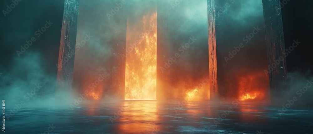 Poster glowing fiery backdrop illuminated by soft dynamic lighting that adds depth drama and a sense of mys