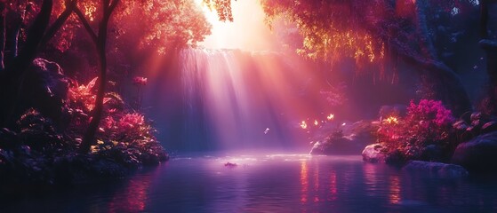 Enchanting and mystical forest landscape with soft dynamic lighting casting a warm glowing atmosphere over the serene pond and its shimmering water reflection  The vibrant