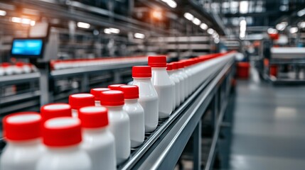 Dairy farming system concept. Conveyor belt filled with white bottles featuring red caps in a modern industrial setting.