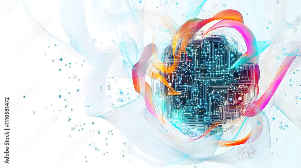 Poster ai symbol adorned with complex circuit layout on a white background. surrounded by colorful, flowing