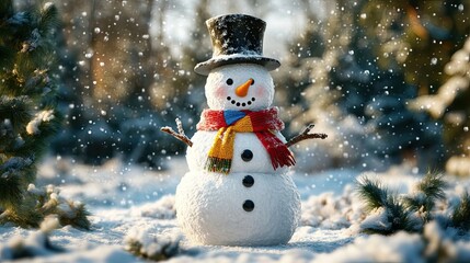 Fototapeta premium Charming snowman in a winter wonderland, wearing a top hat and colorful scarf. Snow falls gently around him, creating a magical scene.