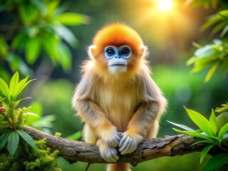 Fototapeta premium Young Golden Snub-Nosed Monkey with Furry Brown Face and Large Eyes Sitting on Tree Branch in Lush Green Forest Environment, Perfect for Nature and Wildlife Photography