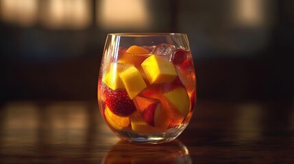 Refreshing fruit-infused beverage in a stemmed glass.  The vibrant colors of the mango and berries create a visually appealing drink perfect for a warm evening.