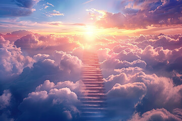 Fantastically beautiful staircase leading to cloudy sky at natural light