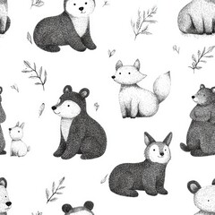 Adorable Black and White Forest Animals Seamless Pattern seamless, pattern, background, texture