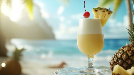 Creamy yellow cocktail garnished with a pineapple wedge and a cherry, set against a blurred tropical beach background. Perfect for a summer getaway!