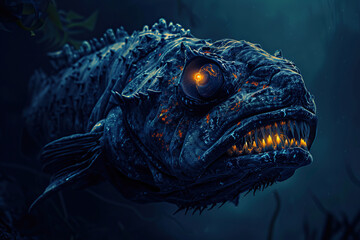 Terrifying scary sea monster in dark depths of deep ocean