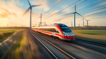 A high-speed train speeding past wind turbines in a sustainable energy-powered region