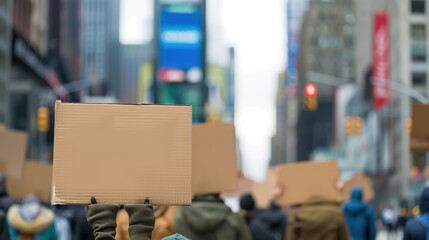 Group of people holding blank signs in peaceful protest, unified stance and determination, ample copy space for text or design.