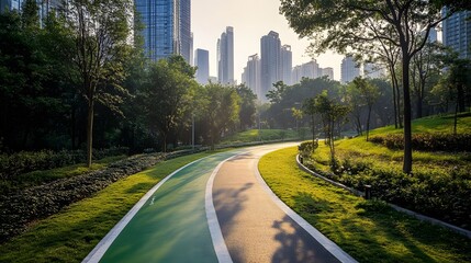 Fototapeta premium A freshly painted bike lane winding through a green park in an urban setting with tall buildings in the distance