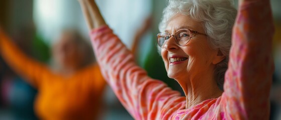 Energetic group of seniors participating in a vibrant low impact aerobic workout with lively music playing in the background and smiling happy expressions on their faces