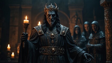 Hades, the God of the Underworld statue, dressed in a black robe and holding an underworld scepter, with souls of the dead and eerie underworld scenes, with life and death symbols carved on the base.