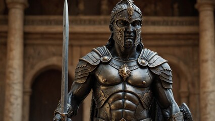 Achilles, the Mysterious Protector statue, draped in armor and holding a shield, set against ancient temples and guardian symbols, with protection and divinity reliefs carved on the base.