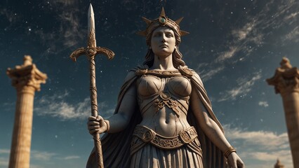 Athena, the Goddess of Time statue, holding a long sword and Roman scales, with the flow of time and endless universe in the background, with fairness and wisdom symbols carved on the base.