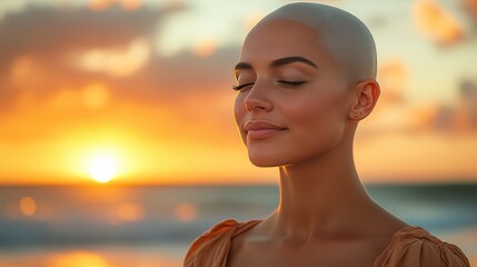 Serene Woman with Shaved Head Embraces Sunset by the Beach, Capturing the Essence of Peace, Strength, and Inner Beauty in a Tranquil Moment