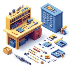 Isometric workshop with tools and workbench.
