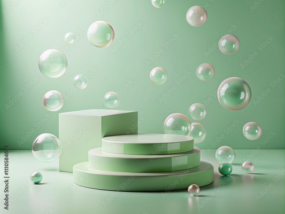 Poster 3d rendered green pastel block platform podium for product display with floating bubbles in an elega