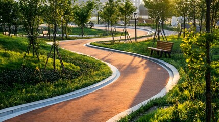 Obraz premium A newly constructed bike path winding through a landscaped urban area with small trees and benches