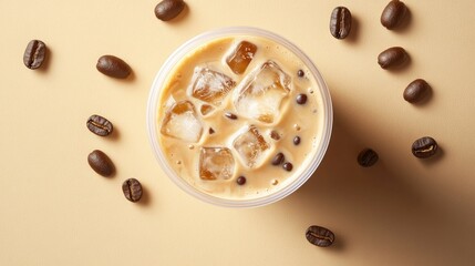 Iced coffee in a plastic cup with ice cubes and coffee beans.