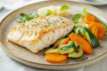 Grilled white fish fillet resting on a bed of roasted carrots and zucchini