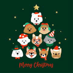 Merry Christmas and Happy New Year greeting card with collection of cute dogs forming Christmas tree shape