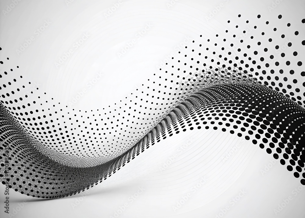 Poster abstract black dots wave on white background featuring futuristic particle animation, ideal for mode