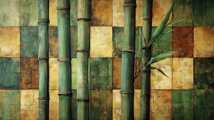 Abstract Bamboo Painting Green Gold Tones
