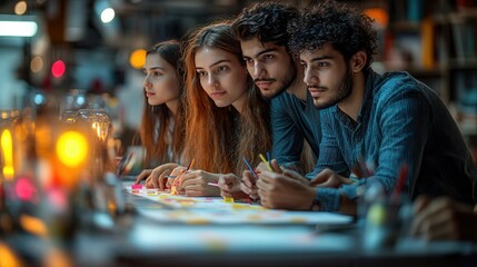 Group of four young adults engaged in creative brainstorming session, focused on colorful sticky notes and vibrant ideas in a cozy, illuminated workspace.