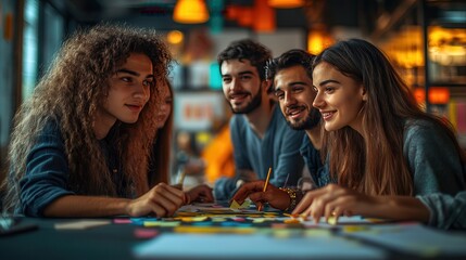 Group of Diverse Young Adults Engaged in Creative Brainstorming Session with Sticky Notes in Modern Cafe Setting, Deep Concentration and Collaborative Spirit