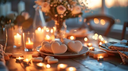 A beautifully set dinner table with flickering candles fresh flowers and elegant decor creating a cozy and intimate atmosphere for a special occasion such as a romantic date anniversary or holiday