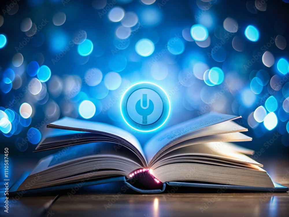 Poster abstract blue open book with power button symbolizing knowledge and technology in a tilt-shift persp
