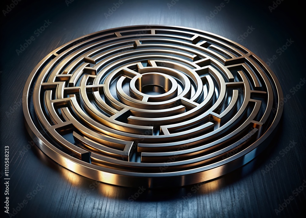 Poster abstract circular maze design featuring reflective metallic textures on a dark background, perfect f