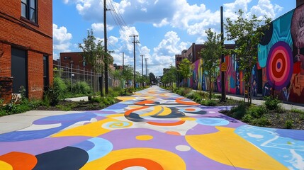 A colorful bike lane running through a creative district filled with murals and public sculptures