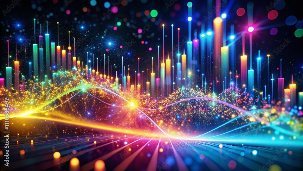 Poster abstract colorful glowing particles and lines forming a dynamic graph or chart in night photography,