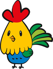 Colorful cartoon rooster with a red comb, yellow face, blue body, green wings, and a multicolored tail.
