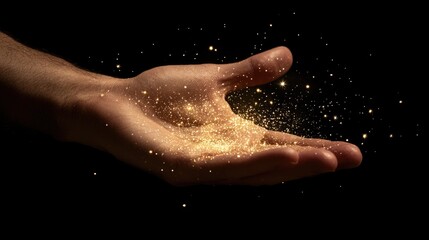 Fototapeta premium Male Hand Cradling Magic Light: A Cosmic Burst of Sparkles and Stars for an Anniversary Celebration