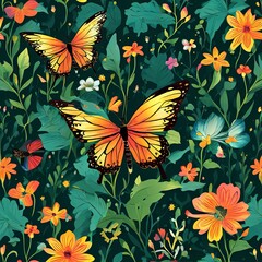 Whimsical butterflies floating through a vibrant garden, showcasing a burst of colors against lush greenery. Great for childrens books, playful designs, greeting cards, print, digital designs.