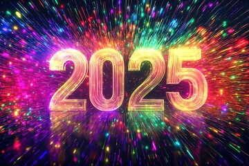 Glowing neon text 2025, New year text. Neon bright text Happy New Year 2025. Holiday design for flyer, greeting card, banner, celebration poster, party invitation or calendar
