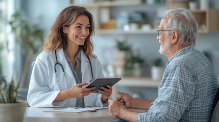 Friendly healthcare professional engaging with an elderly patient in a modern clinic, promoting comfort and trust during a medical consultation, showcasing compassion and care.