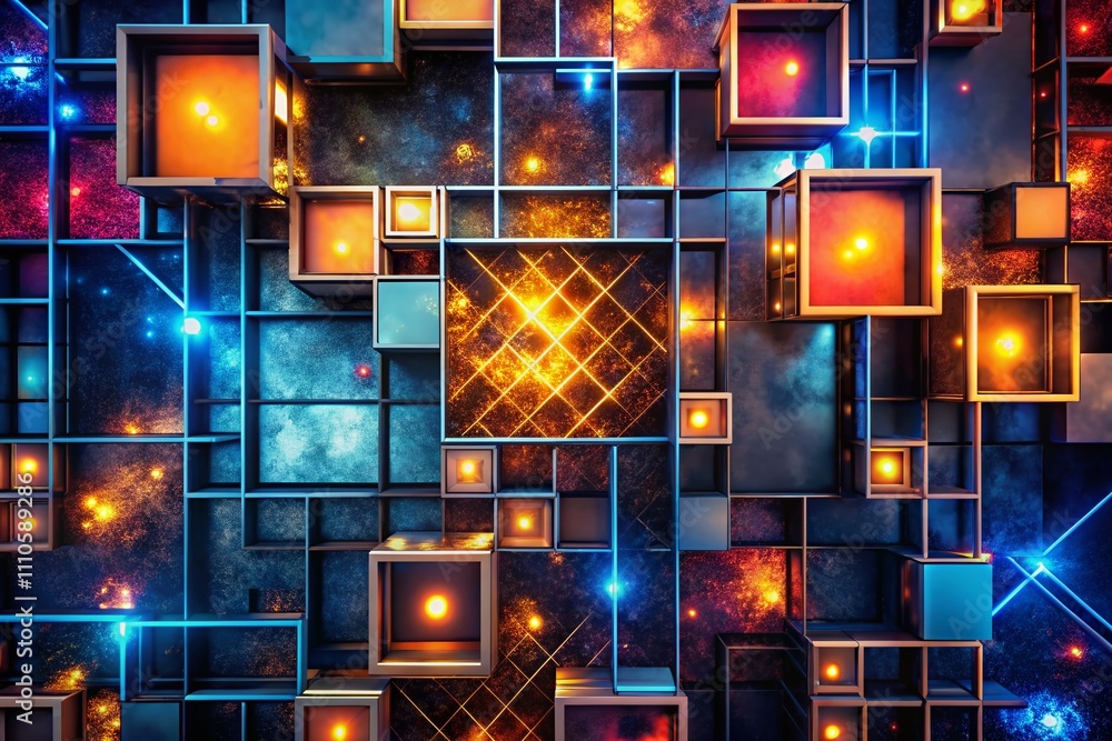Poster abstract design with glowing squares on dark background, showcasing a dynamic visual appeal with a f